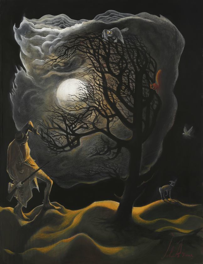 The Huntsman and the Snowy Owl, 2014 by John Byrne © John Byrne. All Rights Reserved, DACS/Artimage 2018. Image courtesy of The Fine Art Society, Edinburgh The Huntsman and the Snowy Owl, 2014