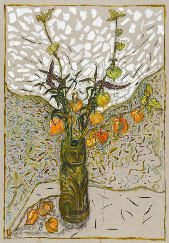 chinese lanterns with cat pot, 2015 by Billy Childish © Billy Childish. All Rights Reserved, DACS/Artimage 2018. Photo: Rikard Osterlund chinese lanterns with cat pot, 2015