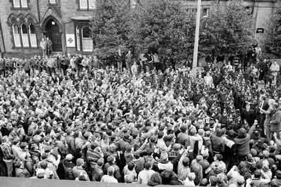 Miners at a meeting outside the Yorkshire Area NUM Office du...