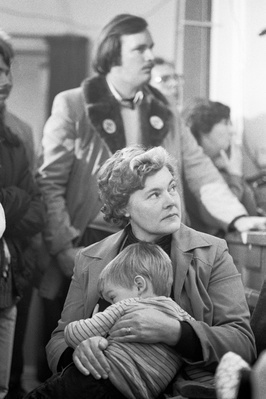 Woman and child at a rally at Goldthorpe Miners Welfare Club...