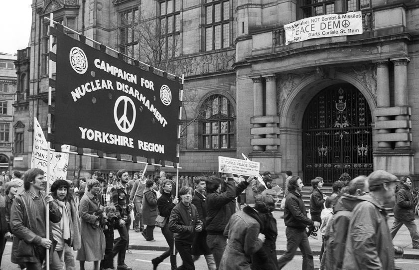 CND march going past Sheffield Town Hall, 10 April 1982 by Martin Jenkinson © Martin Jenkinson Image Library. All rights reserved. DACS/Artimage 2018 CND march going past Sheffield Town Hall, 10 April 1982