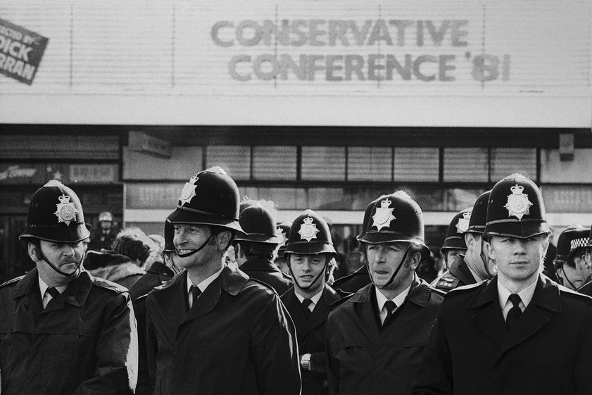 Police at Conservative Party Conference, Blackpool, October 1981 by Martin Jenkinson © Martin Jenkinson Image Library. All rights reserved. DACS/Artimage 2018 Police at Conservative Party Conference, Blackpool, October 1981