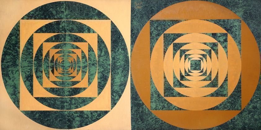 Advancing and Receding in Yellow Ochre and Olive Green, 1963 by Anwar Jalal Shemza © The Estate of Anwar Jalal Shemza. All rights reserved, DACS/Artimage 2017 Advancing and Receding in Yellow Ochre and Olive Green, 1963