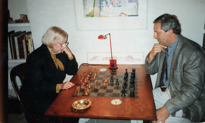 Teeny Duchamp and the artist plying with Marcel Duchamp's or...