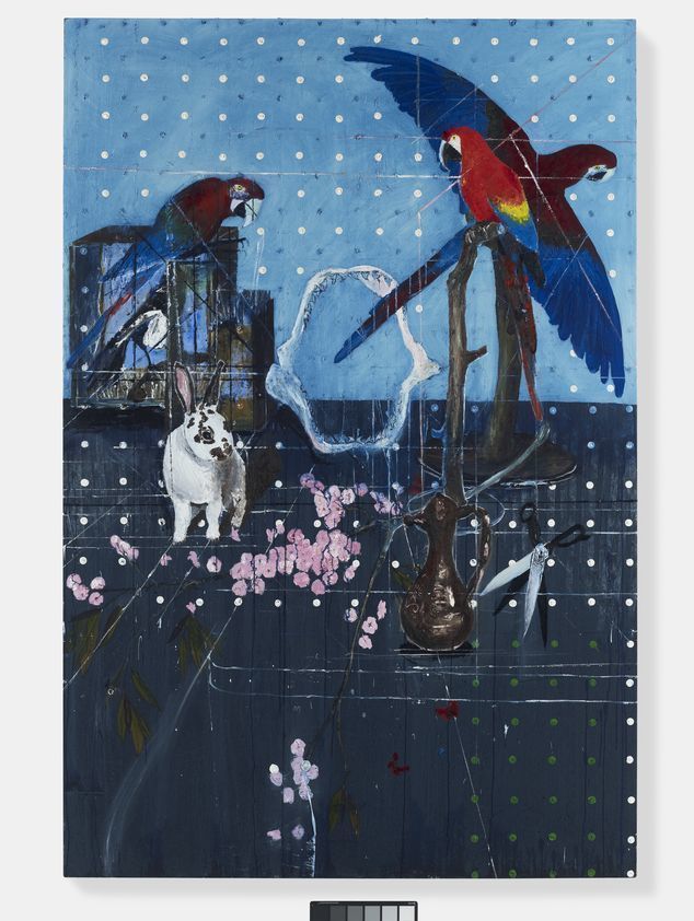 Three Parrots with Rabbit and Scissors, 2010 by Damien Hirst © Damien Hirst and Science Ltd. All rights reserved, DACS/Artimage 2018. Photo: Prudence Cuming Associates Ltd Three Parrots with Rabbit and Scissors, 2010