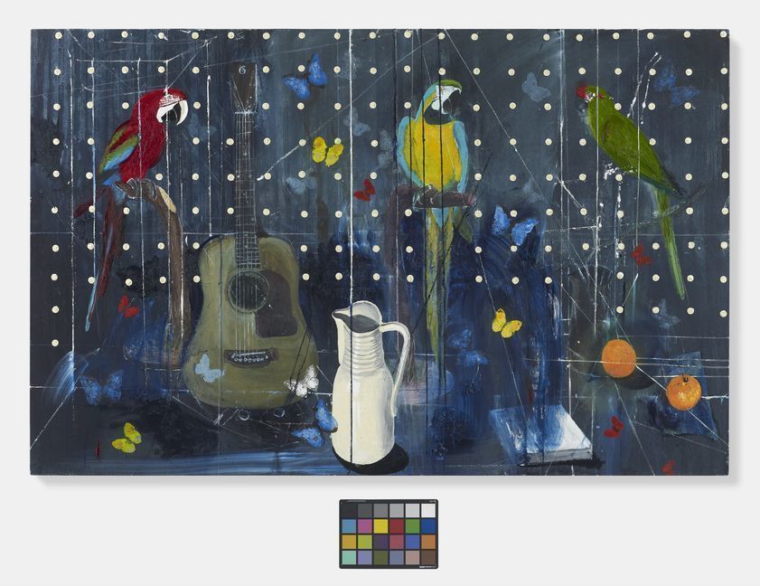 Three Parrots with Guitar and Jug, 2010-2012 by Damien Hirst © Damien Hirst and Science Ltd. All rights reserved, DACS/Artimage 2018. Photo: Prudence Cuming Associates Ltd Three Parrots with Guitar and Jug, 2010-2012