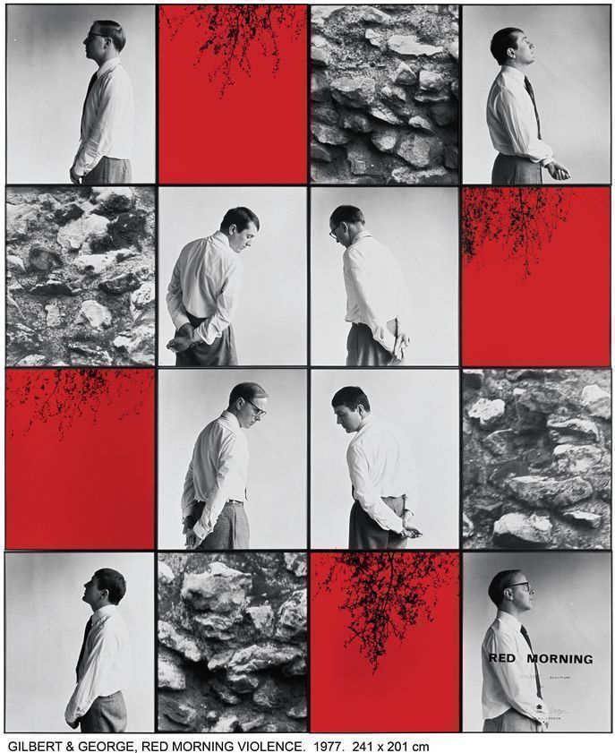 RED MORNING VIOLENCE, 1977 by Gilbert and George © Gilbert & George. All Rights Reserved, DACS/Artimage 2018. Photo: Gilbert and George Studio RED MORNING VIOLENCE, 1977